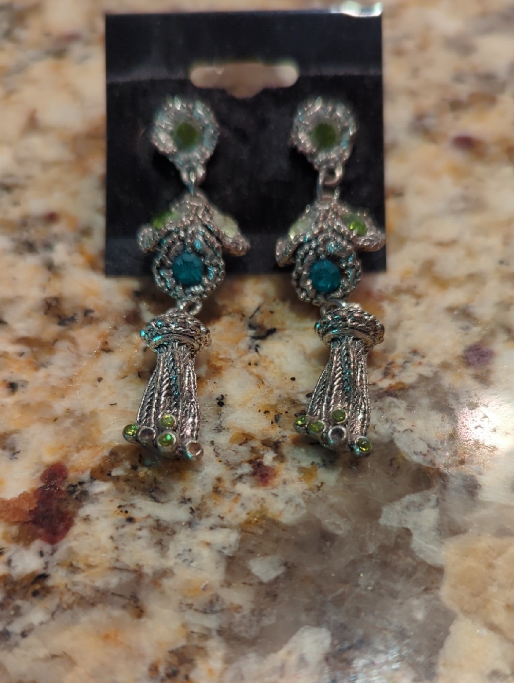 Silver-Tone Green and Teal Tassel Drop Earrings